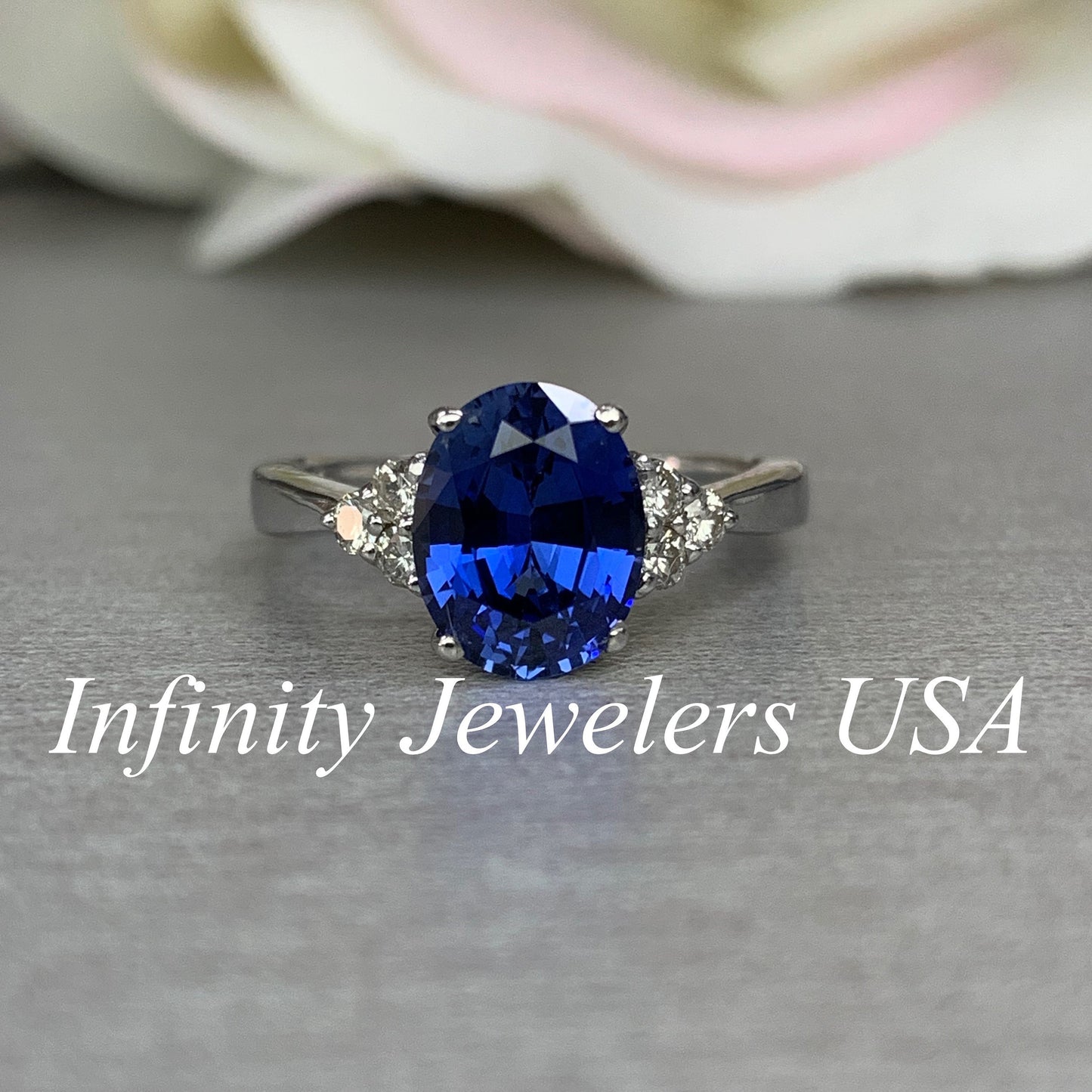 Oval Blue Sapphire And Diamond Ring 14K White Gold , Oval Cluster Sapphire Ring For Ladies , Unique Oval Blue Sapphire Engagement Ring #5606