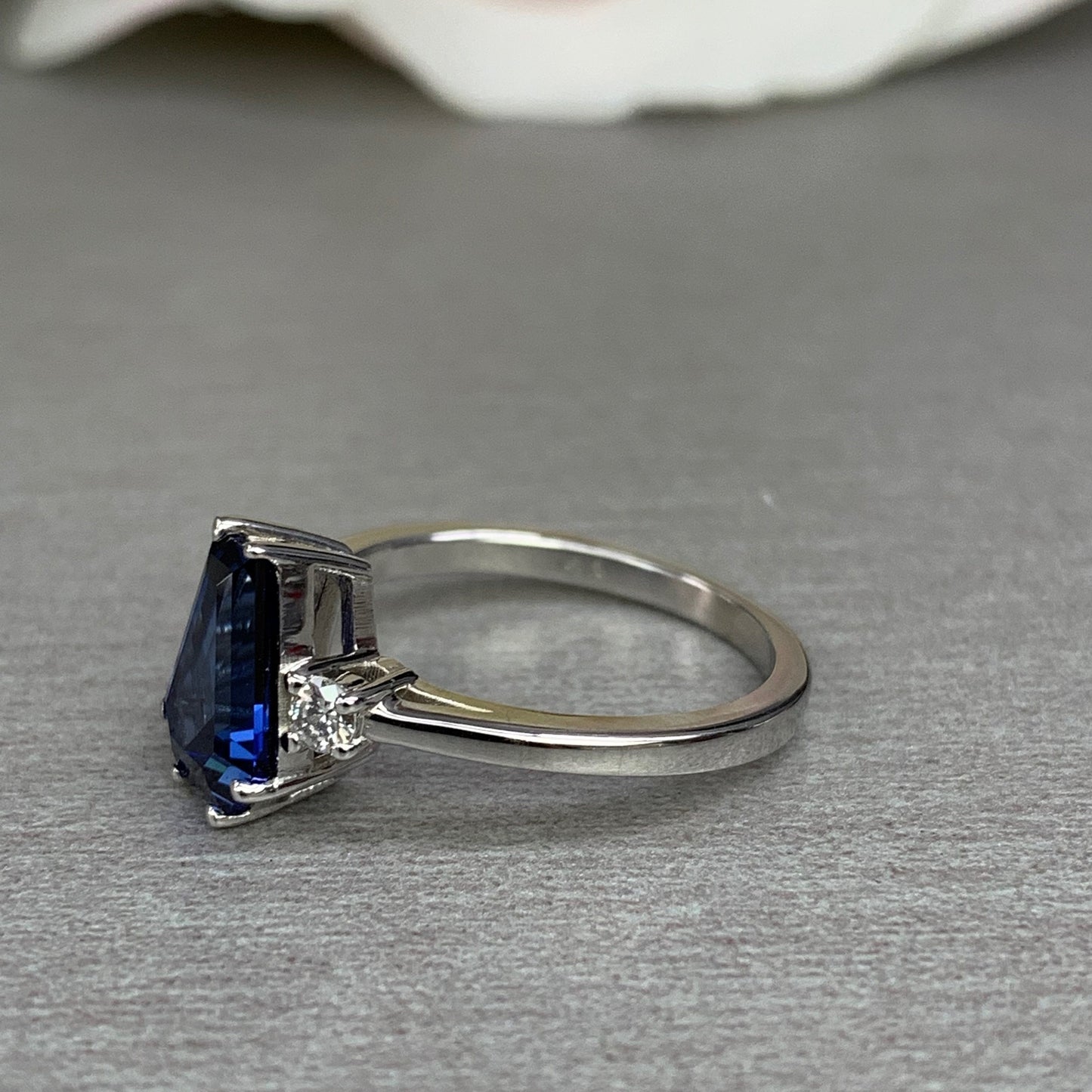 Elongated trapezoid blue sapphire with diamond sides engagement ring, 2.10ctw, 14k white gold #6083