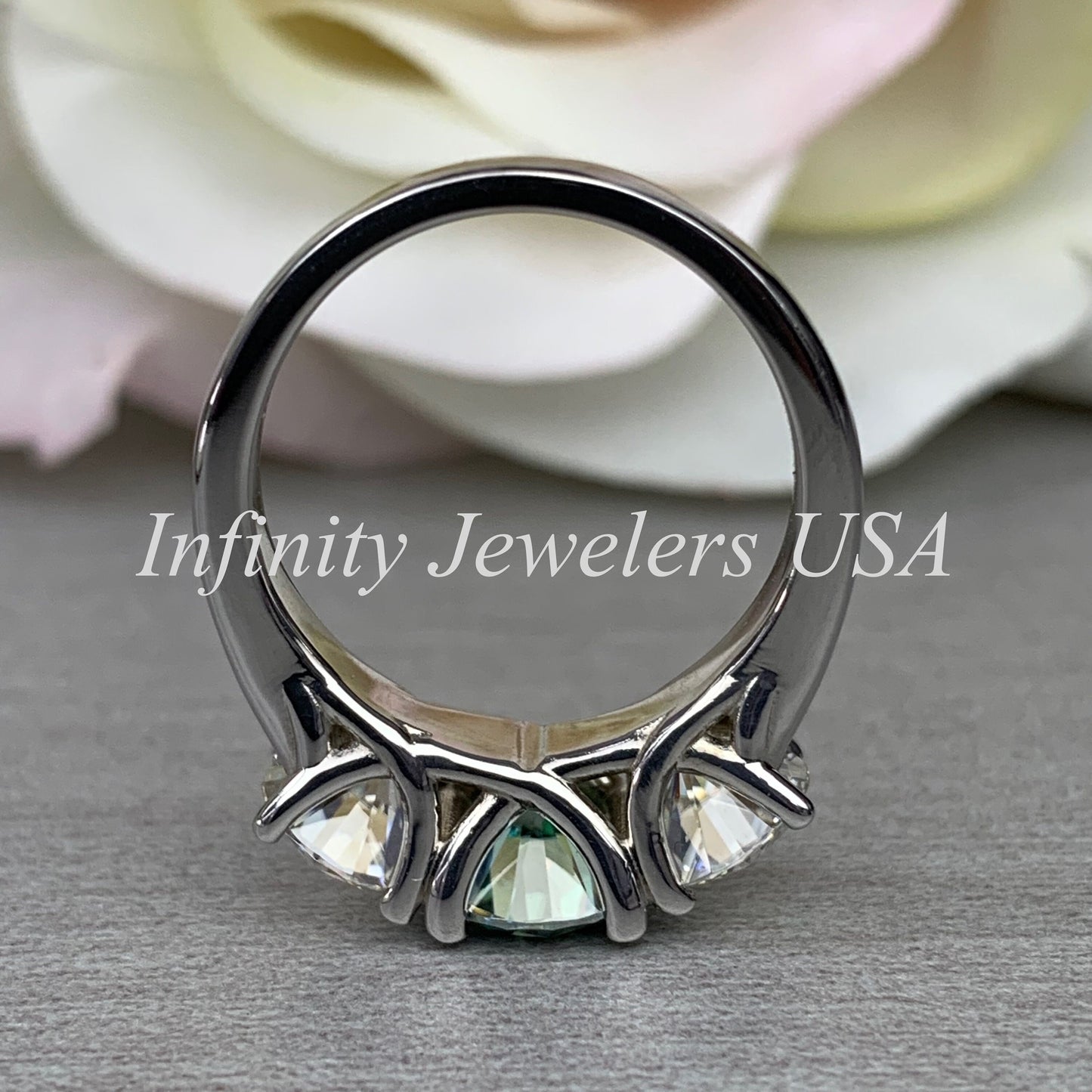 Moissanite Engagement Ring / Green and White Wedding Ring / Ladies Classic Ring / Anniversary Gift / 14k White Gold / #6169