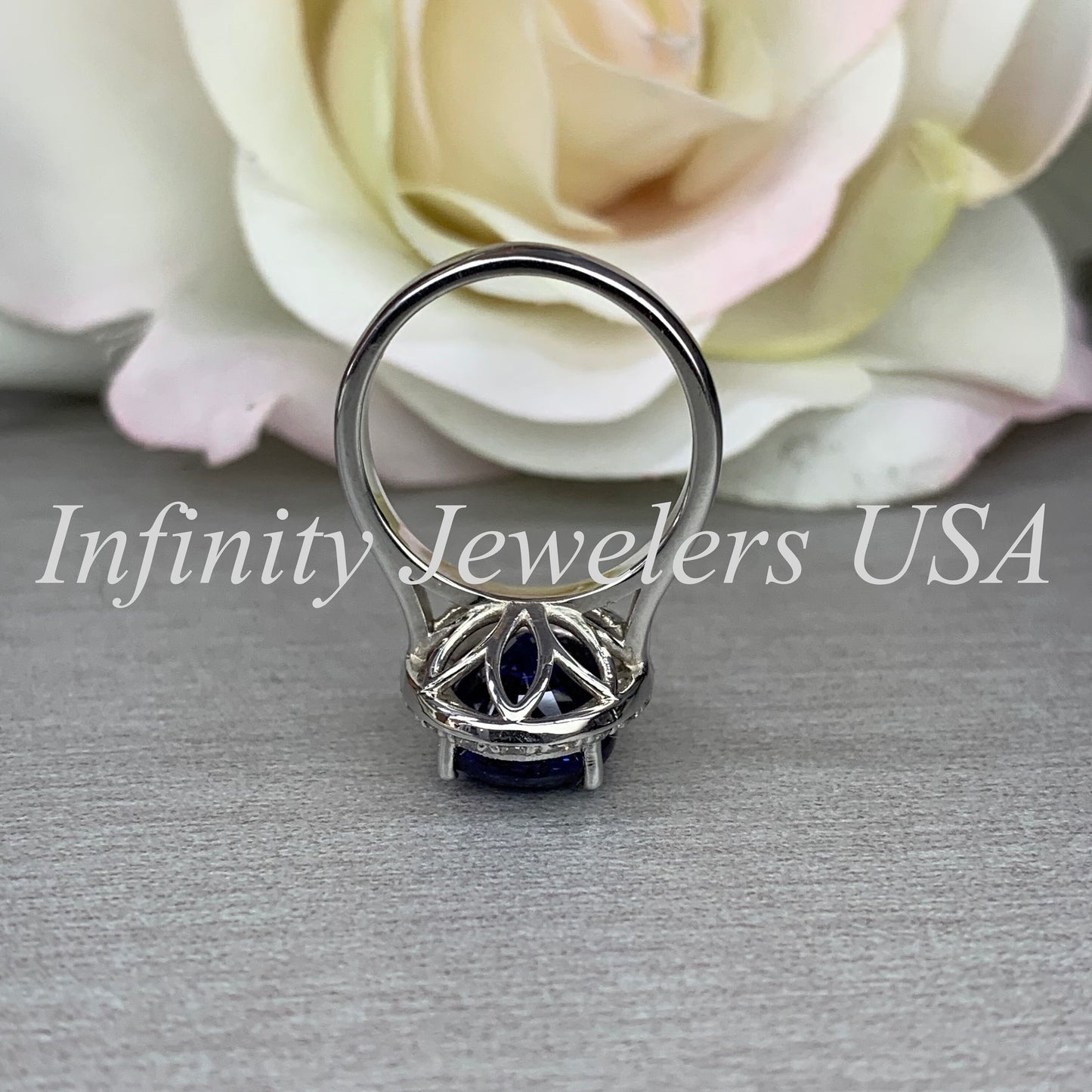 Elongated Oval Sapphire And Diamond Halo Style Engagement Wedding Anniversary Ladies Ring 14K White Gold #5656