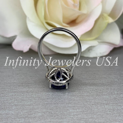 Elongated Oval Sapphire And Diamond Halo Style Engagement Wedding Anniversary Ladies Ring 14K White Gold #5656