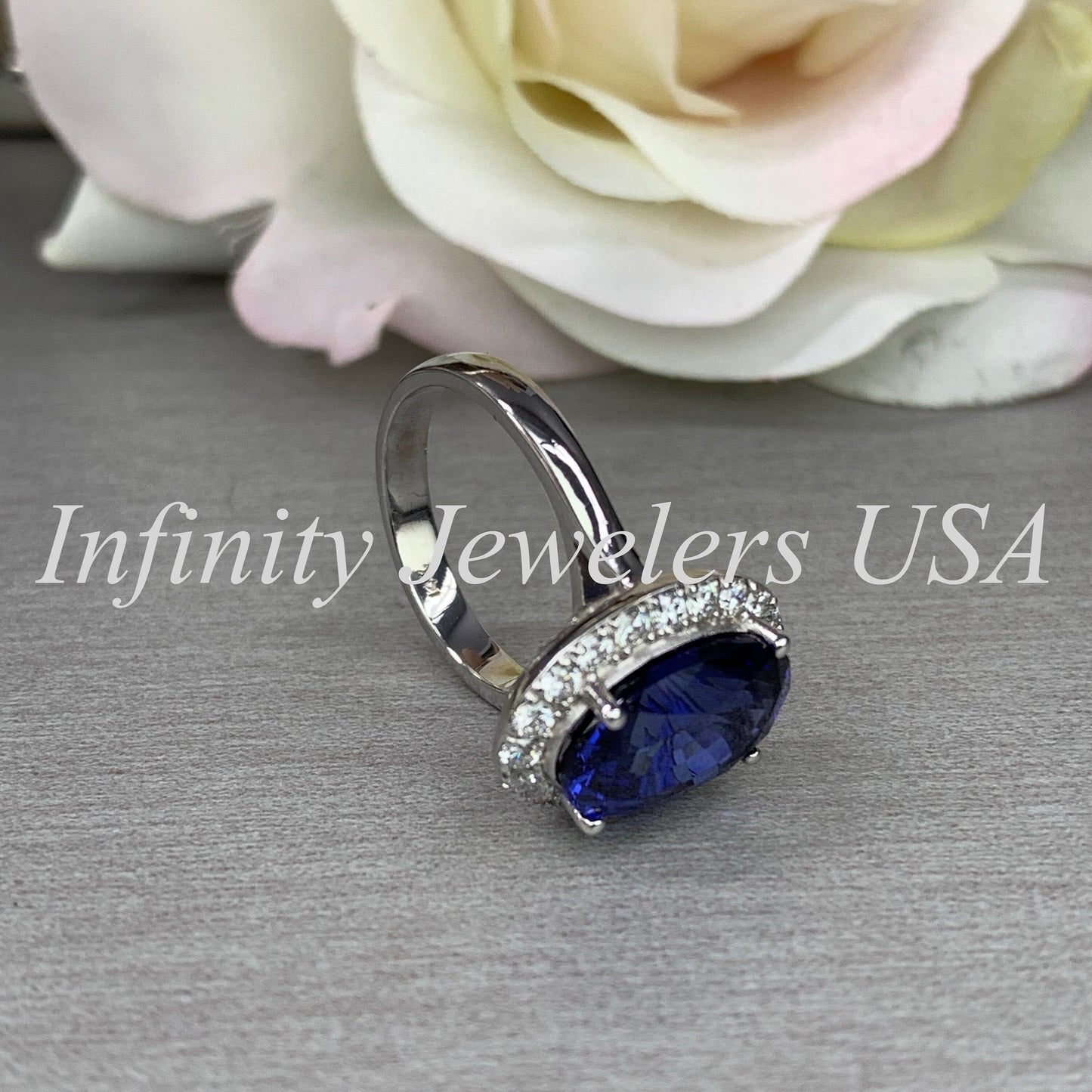 Elongated Oval Sapphire And Diamond Halo Style Engagement Wedding Anniversary Ladies Ring 14K White Gold #5656