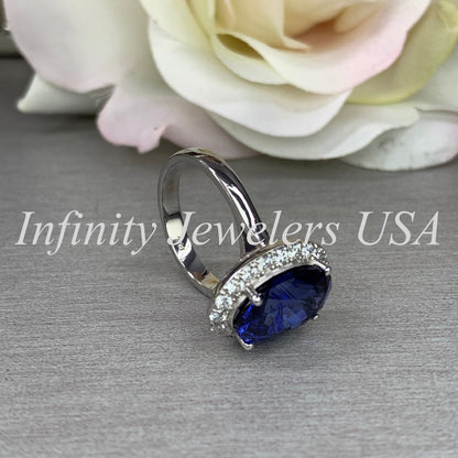 Elongated Oval Sapphire And Diamond Halo Style Engagement Wedding Anniversary Ladies Ring 14K White Gold #5656