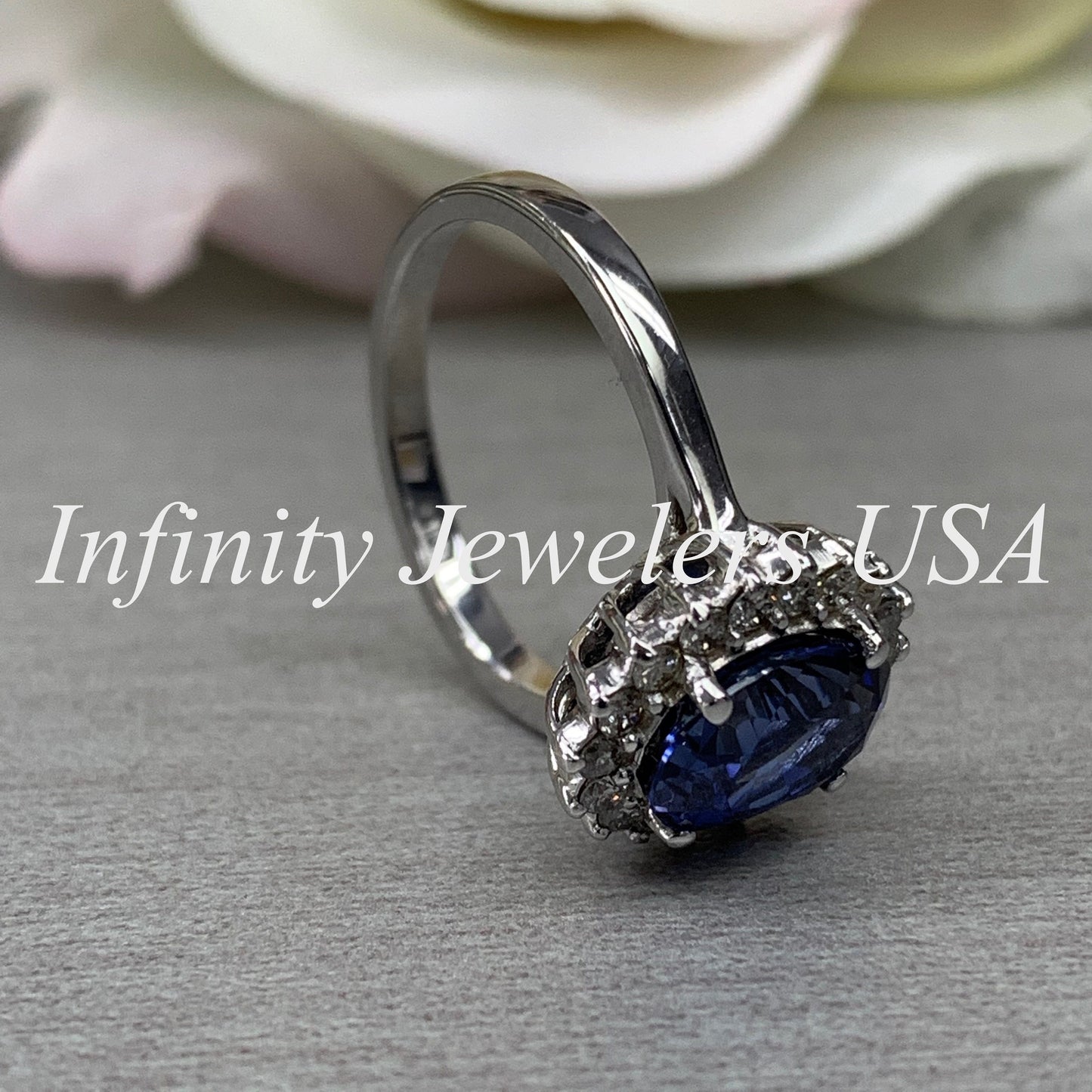 Oval Cut Blue Sapphire Engagement Ring, Diamond Halo Engagement Ring,  Moissanite Ring, 2.50ctw, 14K White Gold #6077 #6807