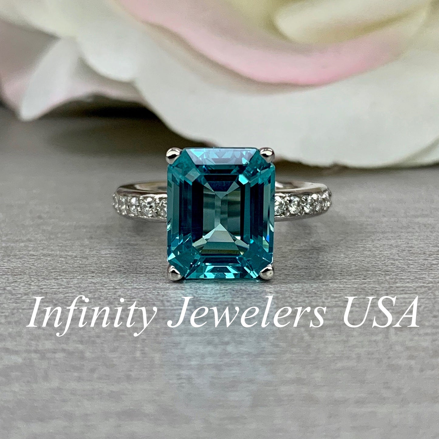 Emerald Cut Engagement Ring / Neon Blue Paraiba Wedding Ring / Paraiba and Moissanite Ring / 14k White Gold / #6268