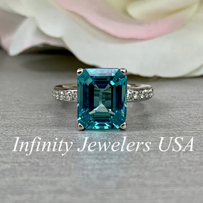 Emerald Cut Engagement Ring / Neon Blue Paraiba Wedding Ring / Paraiba and Moissanite Ring / 14k White Gold / #6268
