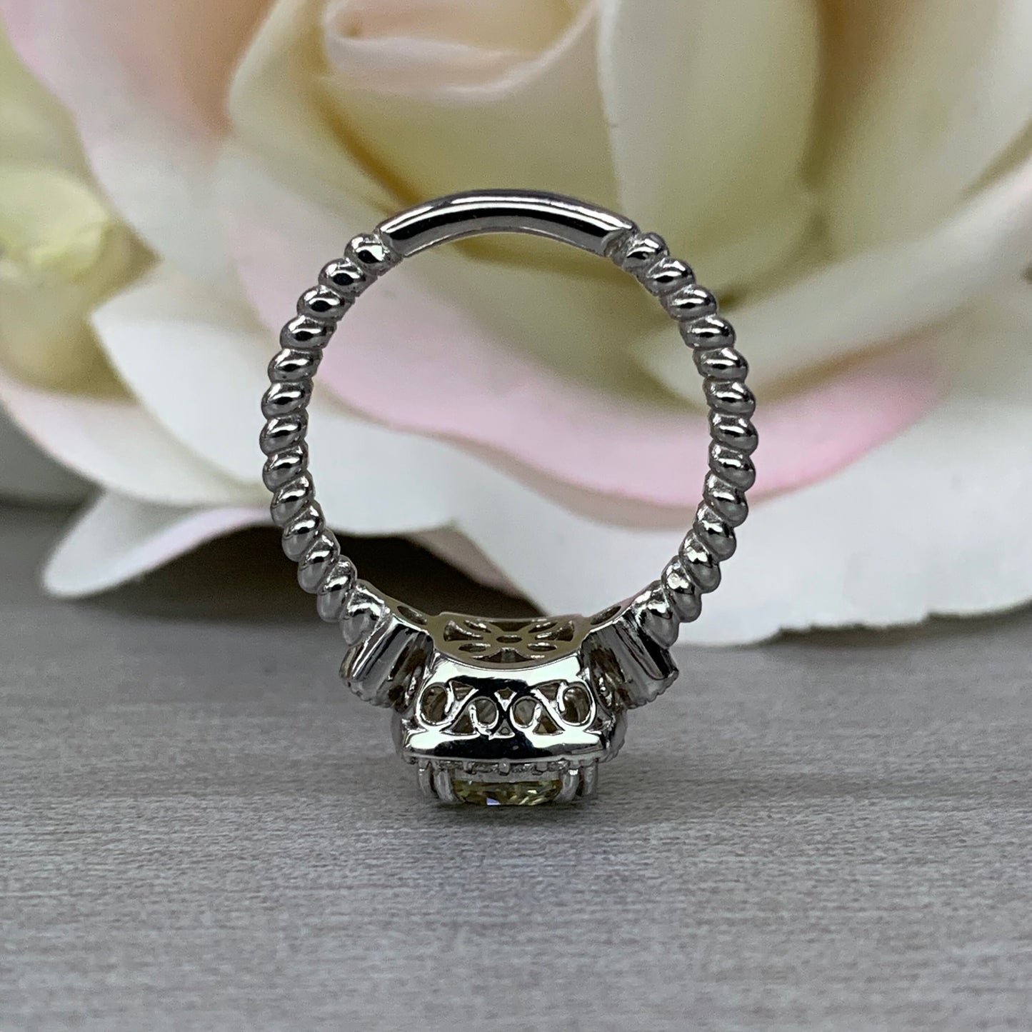 Cushion Cut Moissanite Engagement Ring, Yellow Moissanite Ring, Diamond Halo Ring, 14k White Gold, #6276