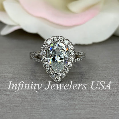 Certified Moissanite Pear Shape And Diamond Halo 3.00ctw.  Engagement Wedding Anniversary Ring  14K White Gold