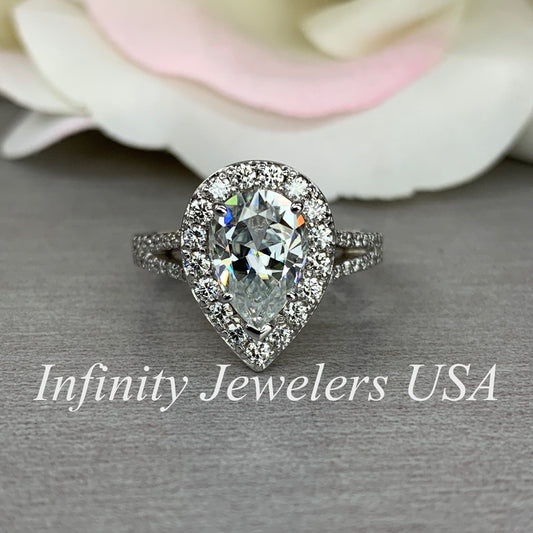Certified Moissanite Pear Shape And Diamond Halo 3.00ctw.  Engagement Wedding Anniversary Ring  14K White Gold