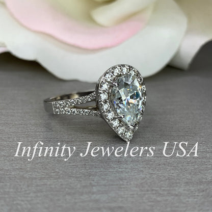Certified Moissanite Pear Shape And Diamond Halo 3.00ctw.  Engagement Wedding Anniversary Ring  14K White Gold