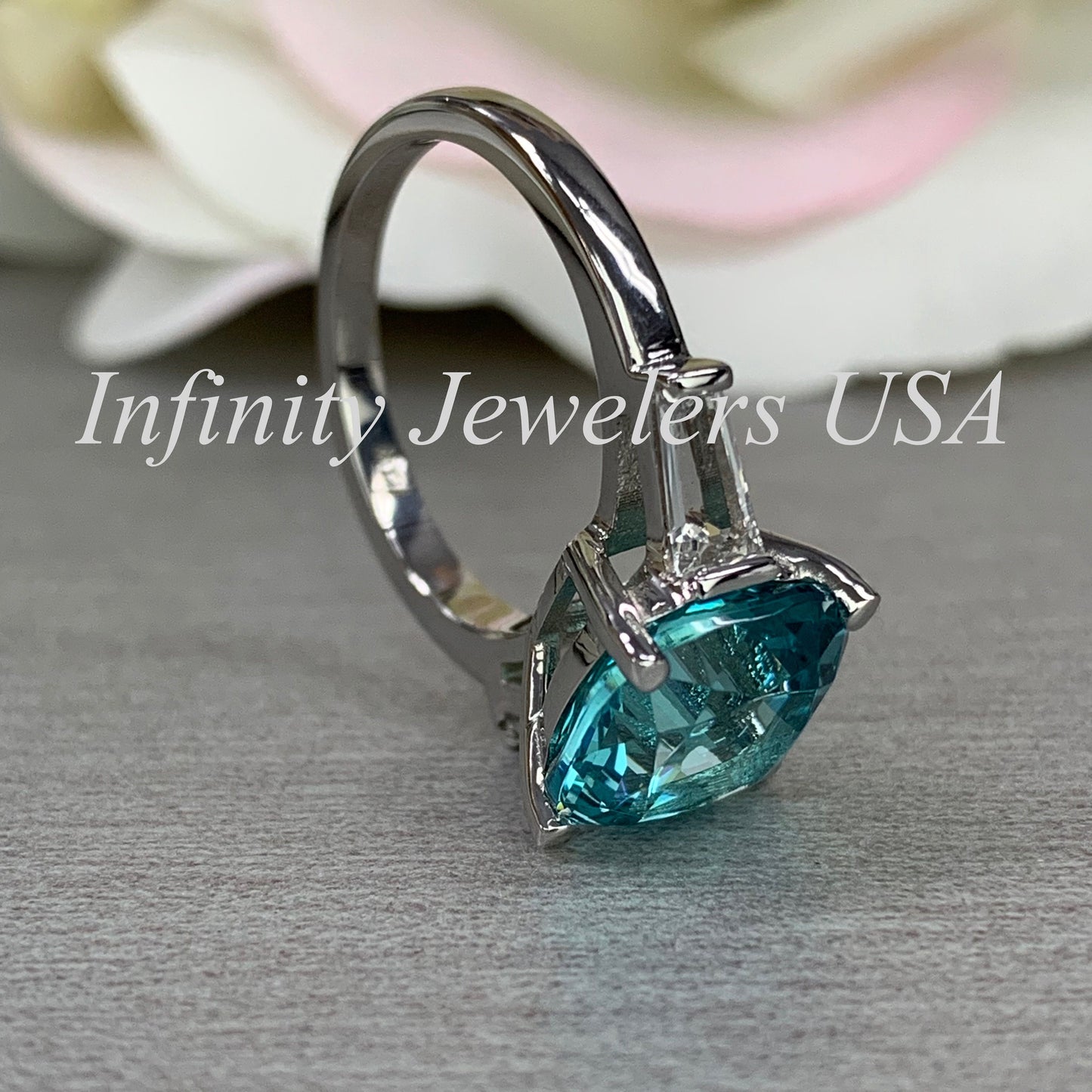 Blue Paraiba Tourmaline Cushion Moissanite Baguettes Engagement Ring  Three Stone Paraiba Tourmaline Anniversary Promise Wedding Ring