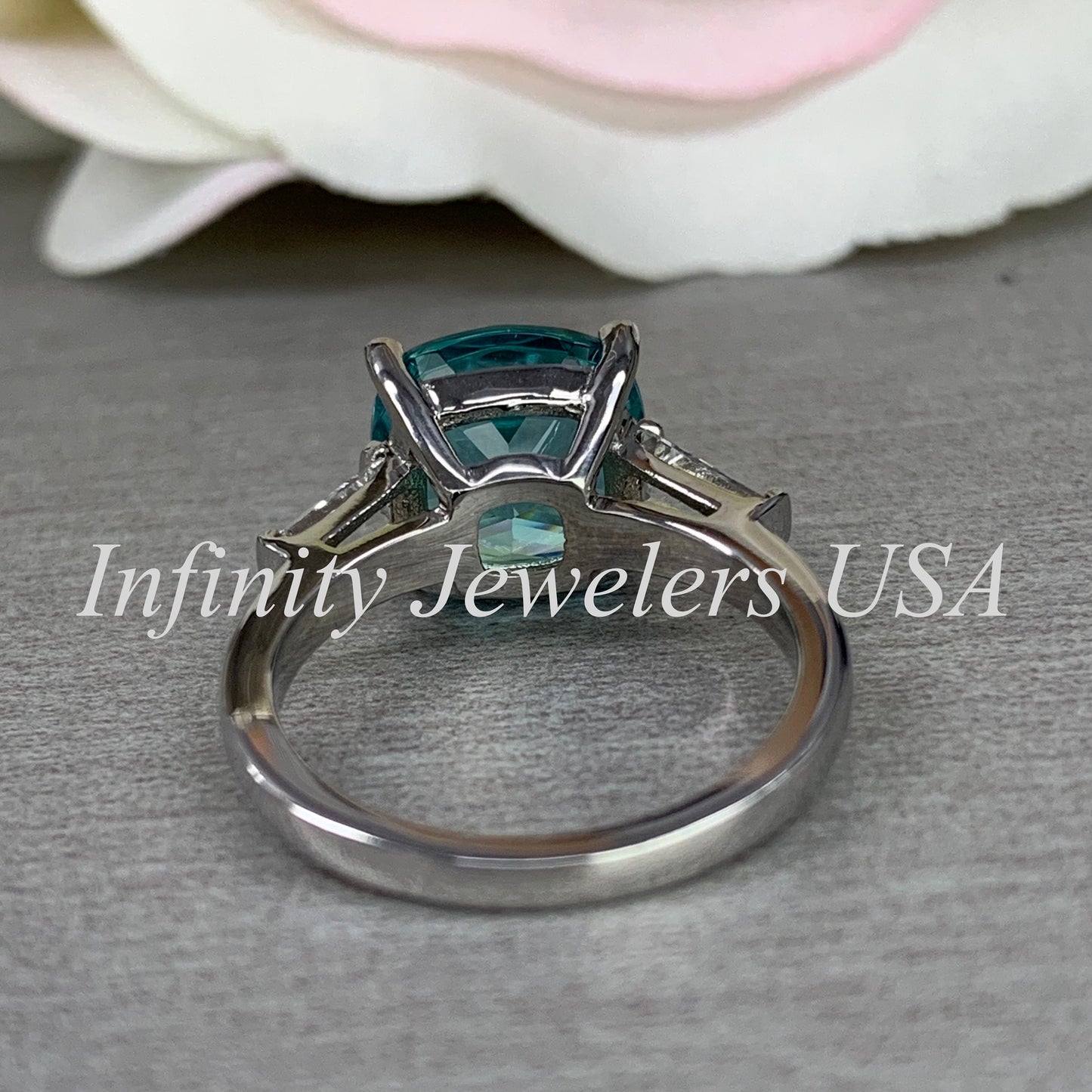 Blue Paraiba Tourmaline Cushion Moissanite Baguettes Engagement Ring  Three Stone Paraiba Tourmaline Anniversary Promise Wedding Ring