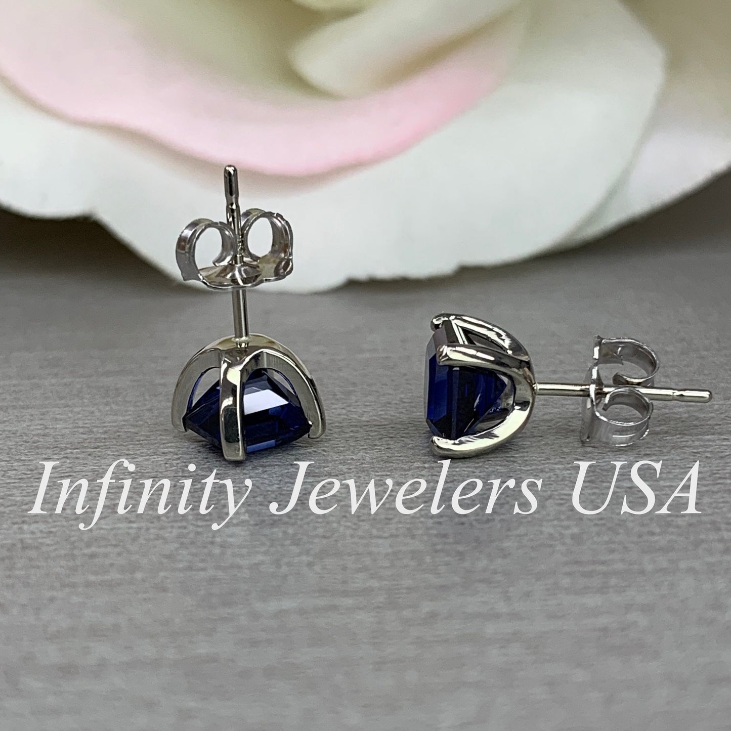 Blue Sapphire Stud Earrings 14K White Gold, Unisex Sapphire Earrings Asscher Cut, Dainty Minimal Square Studs Blue Sapphire Earrings