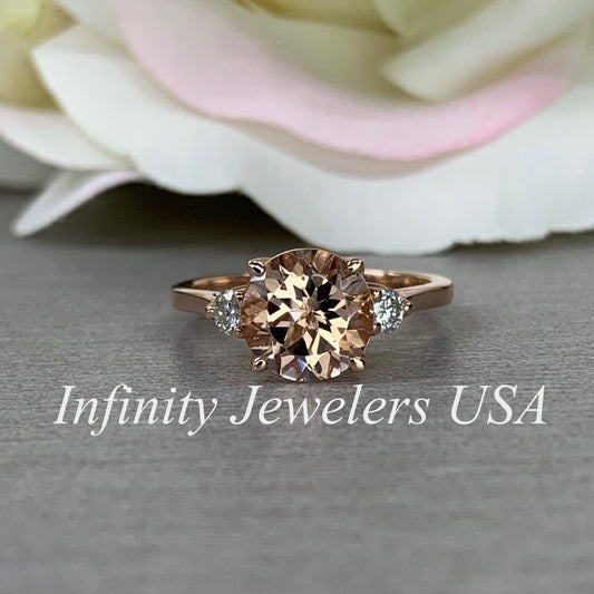 Morganite Ring 14K Rose Gold, Pink Morganite Engagement Ring, Round Shaped Three Stone Morganite Wedding Promise Ring, Gift For Her, #6184