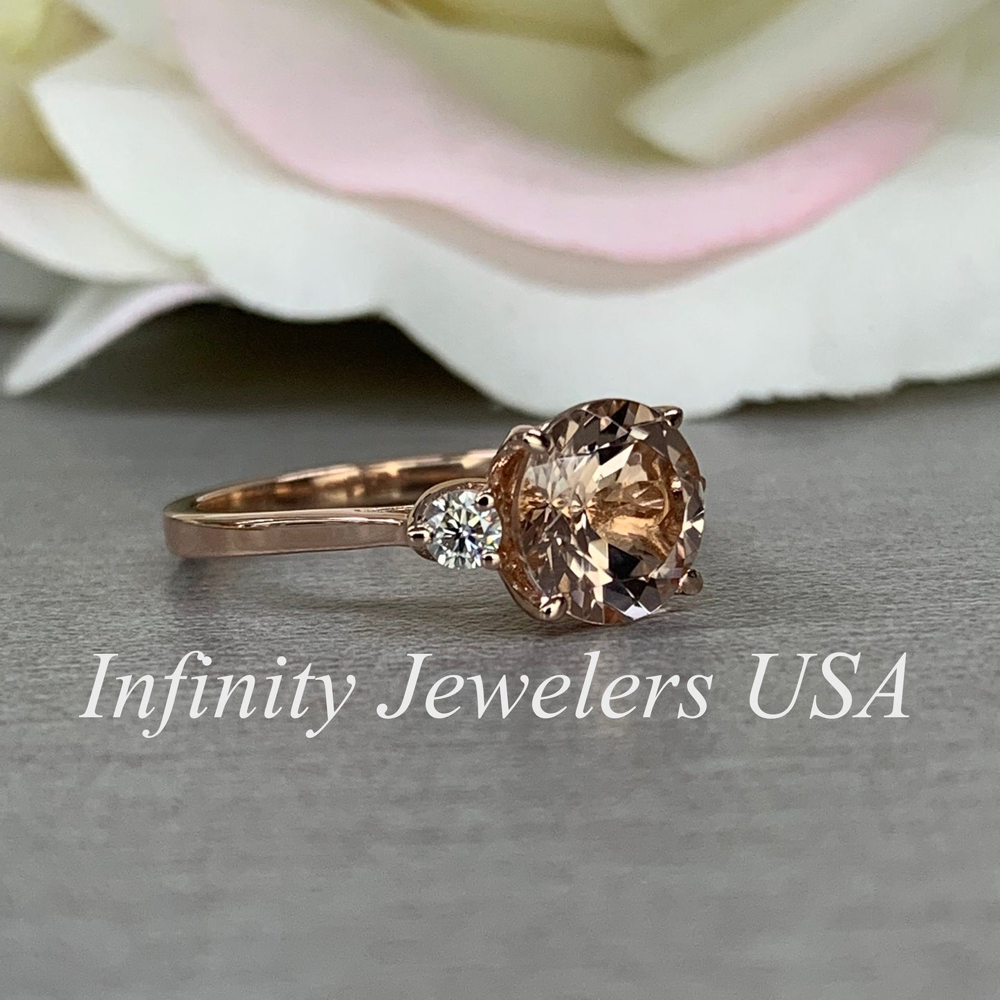 Morganite Ring 14K Rose Gold, Pink Morganite Engagement Ring, Round Shaped Three Stone Morganite Wedding Promise Ring, Gift For Her, #6184