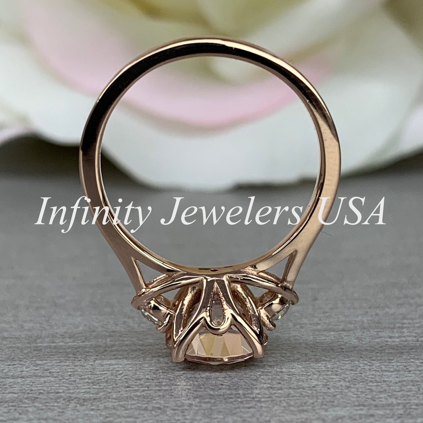 Morganite Ring 14K Rose Gold, Pink Morganite Engagement Ring, Round Shaped Three Stone Morganite Wedding Promise Ring, Gift For Her, #6184