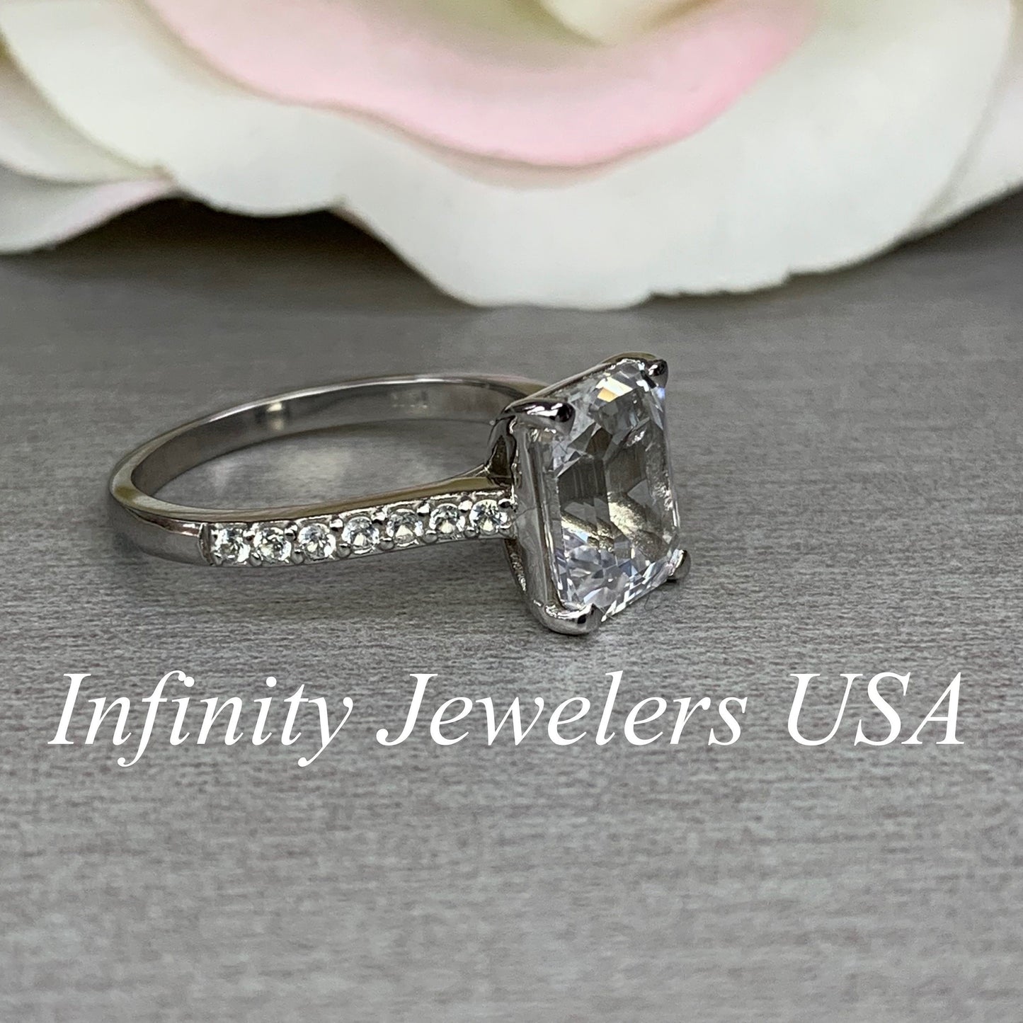 Moissanite Emerald Cut Engagement Rings 14k Solid White Gold , Forever One Moissanite , Emerald Cut Solitaire Moissanite Wedding Ring, #5674