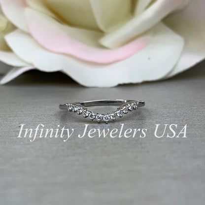 Curved Matching Diamond Wedding Band, 14k Gold Universal Curved Moissanite Band For Her, Ladies Round Diamond Cluster Matching Ring    #6087