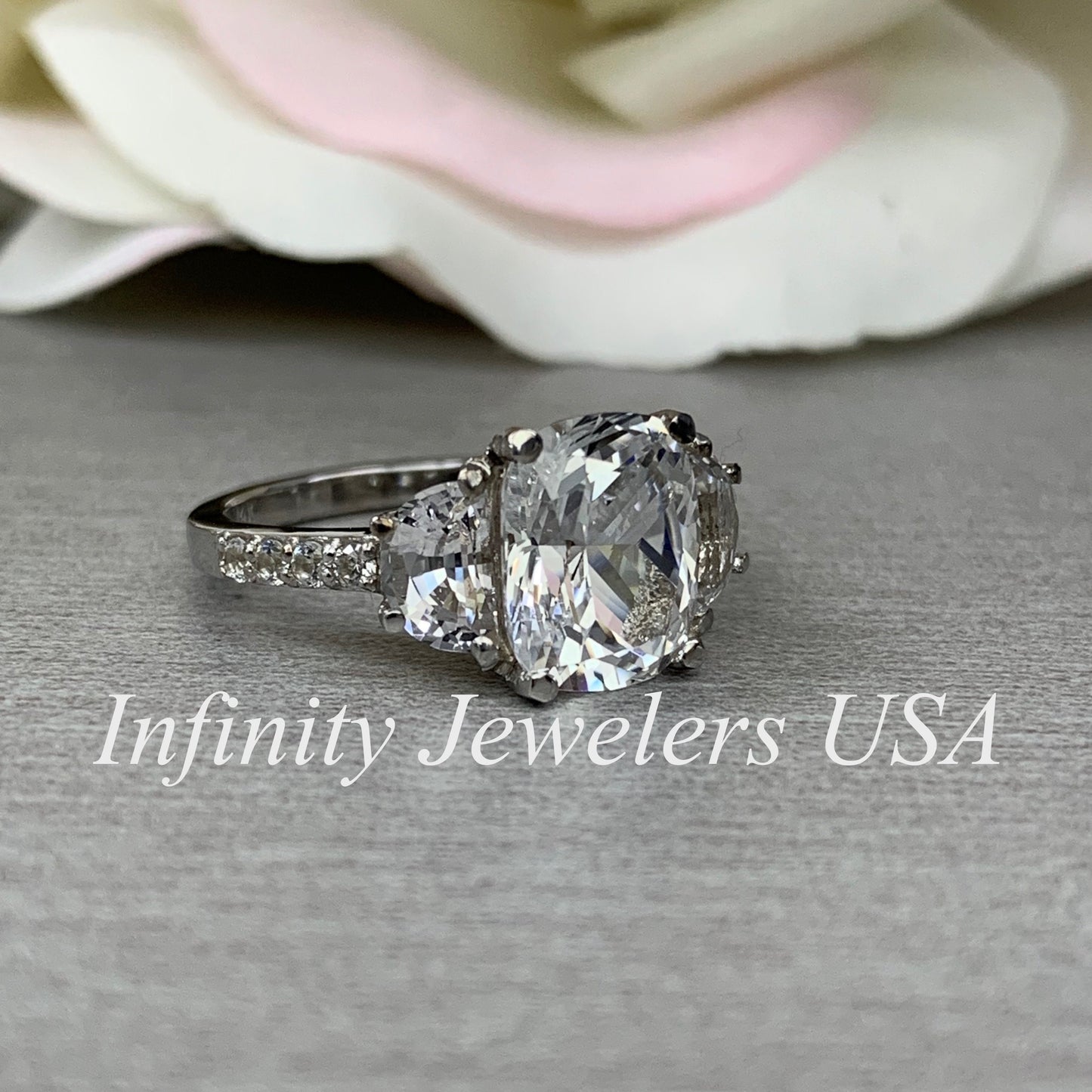 Moissanite Elongated Cushion Cut Engagement Ring With Half Moon Sides And Round Accents  14k White Gold Unique Anniversary Bridal Ring #6957