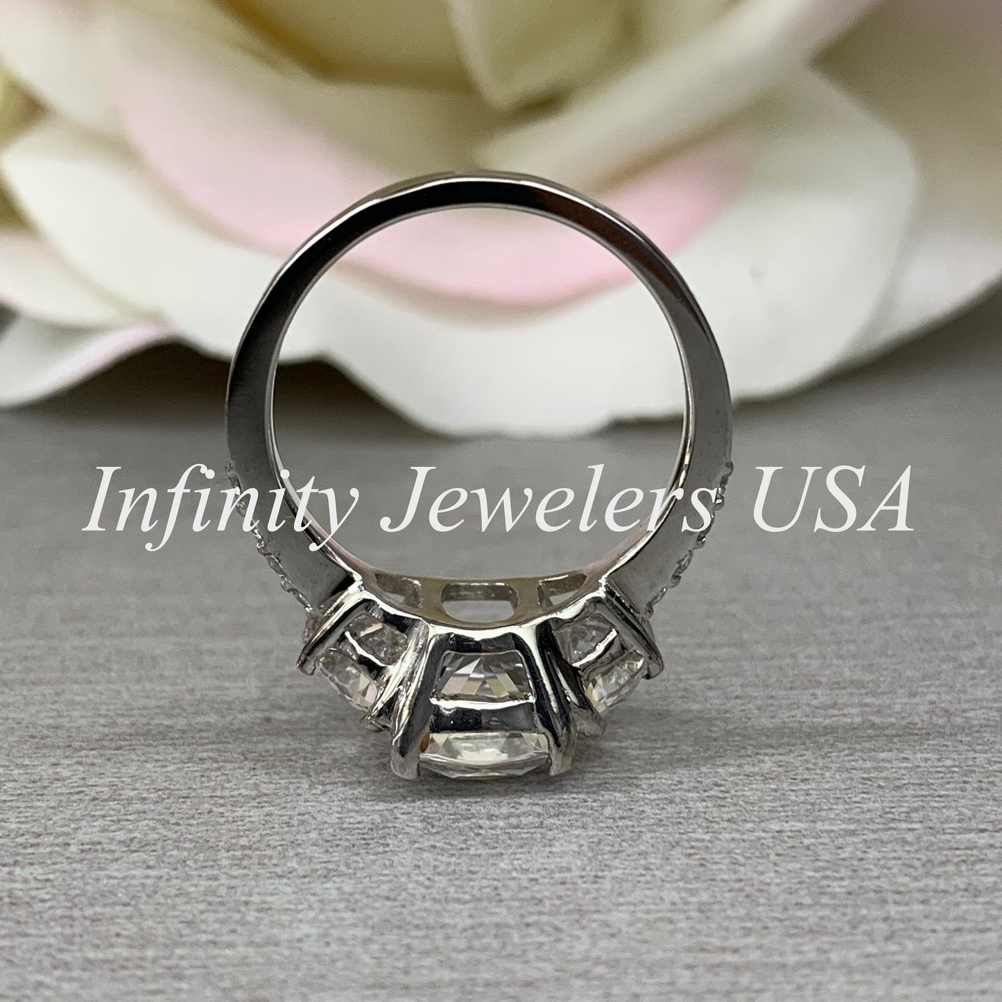 Moissanite Elongated Cushion Cut Engagement Ring With Half Moon Sides And Round Accents  14k White Gold Unique Anniversary Bridal Ring #6957