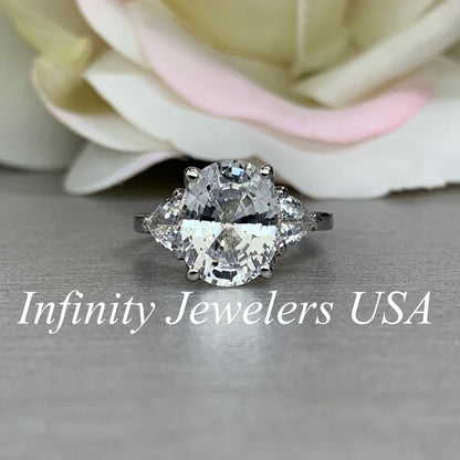 Moissanite Oval Engagement Ring With Trillion Accents, 5.00ctw, 14K White Gold Wedding Ring #5502 #6959 #6960
