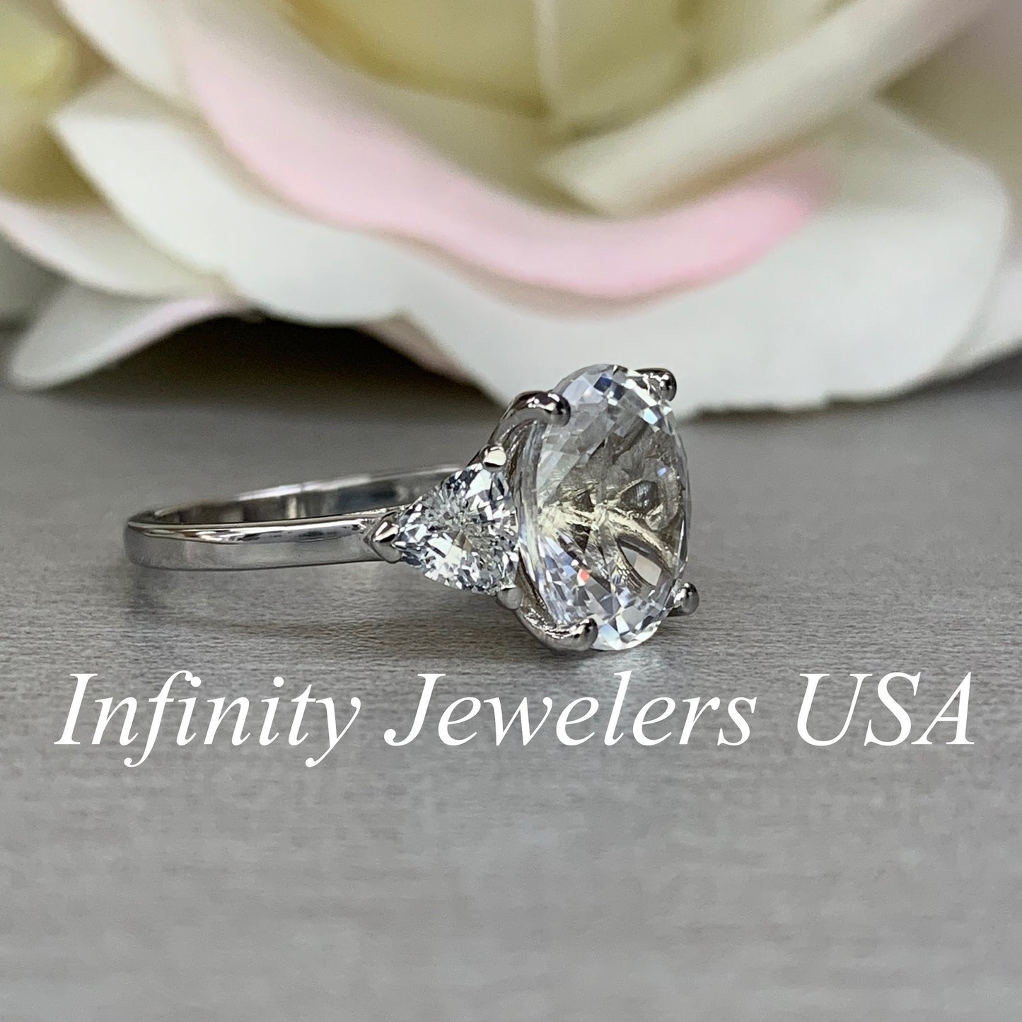 Moissanite Oval Engagement Ring With Trillion Accents, 5.00ctw, 14K White Gold Wedding Ring #5502 #6959 #6960