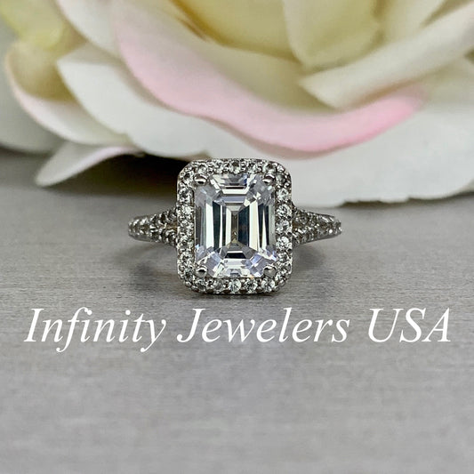 Emerald Cut Moissanite Halo Engagement Ring , #5596 14k Solid Gold Moissanite Cluster Wedding Rings , Moissanite Engagement Rings For Women