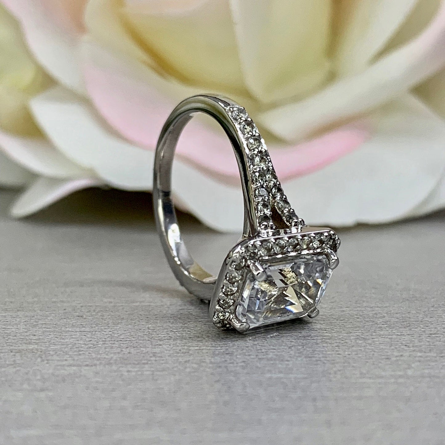 Emerald Cut Moissanite Halo Engagement Ring , #5596 14k Solid Gold Moissanite Cluster Wedding Rings , Moissanite Engagement Rings For Women