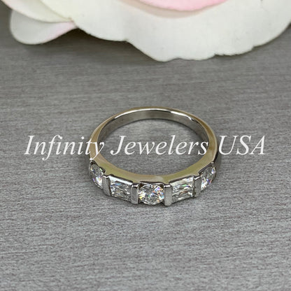 Certified moissanite wedding band, round and baguettes 14k white gold