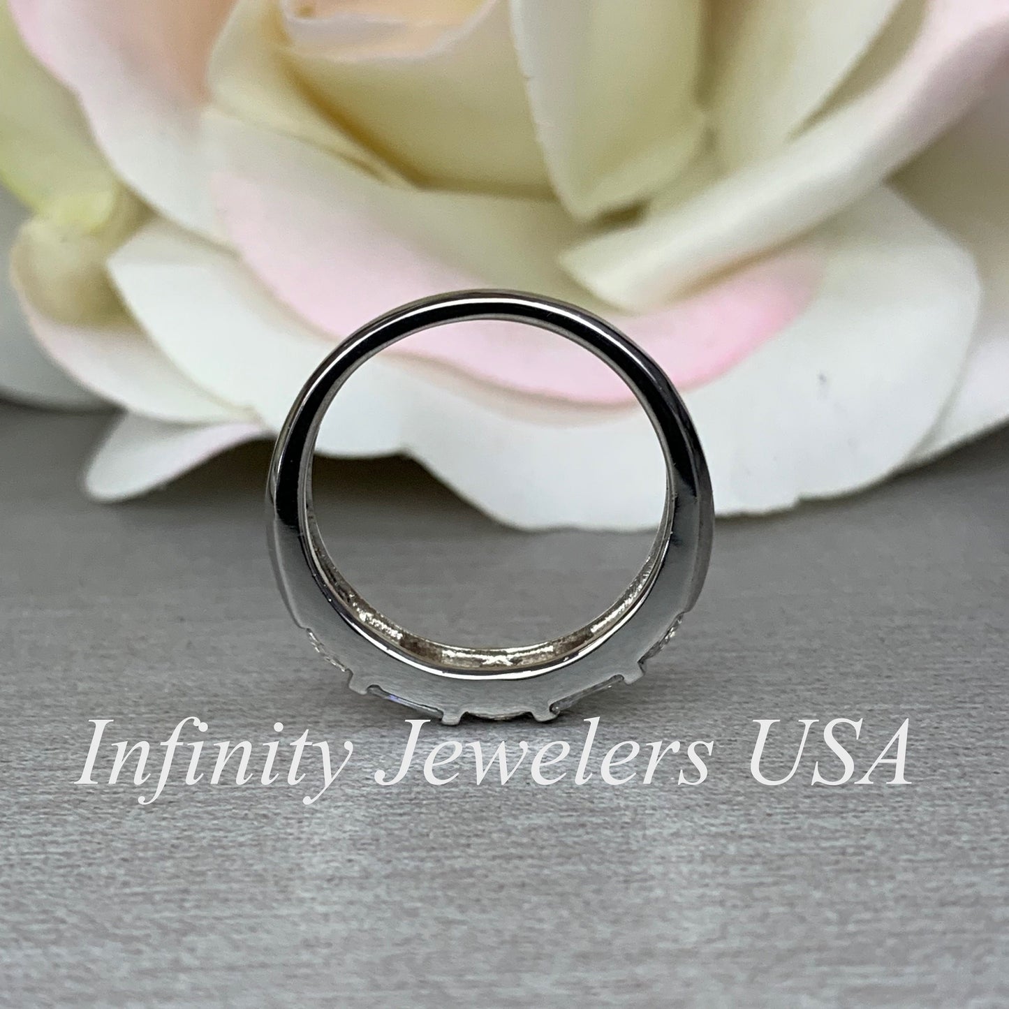 Certified moissanite wedding band, round and baguettes 14k white gold