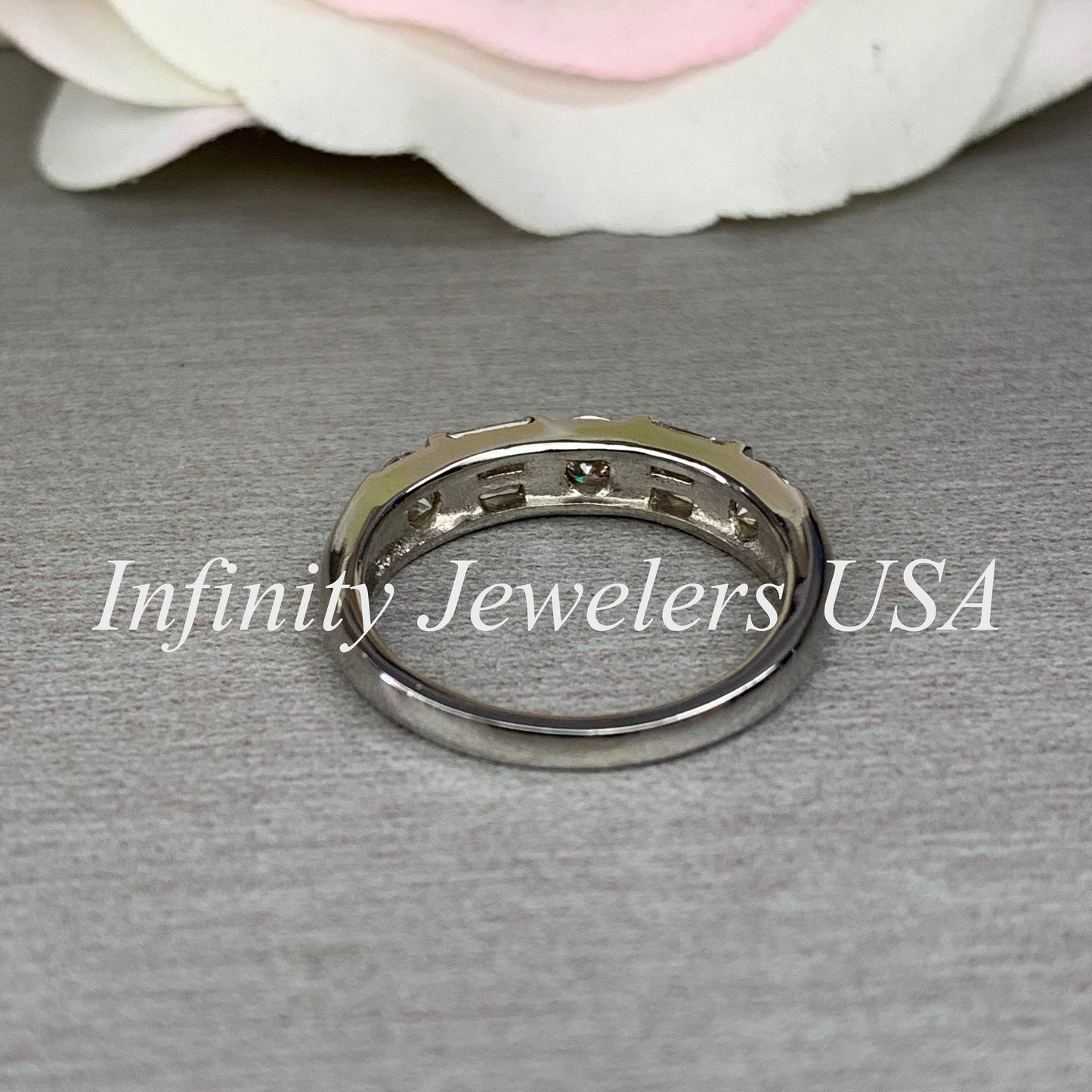 Certified moissanite wedding band, round and baguettes 14k white gold