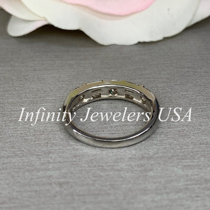 Certified moissanite wedding band, round and baguettes 14k white gold