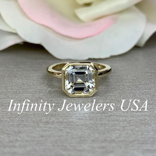 Certified Moissanite Ring, Asscher Cut Moissanite Engagement Ring, Bezel Set Solitaire Ring, Everyday Ring, 14k Gold Ladies Ring