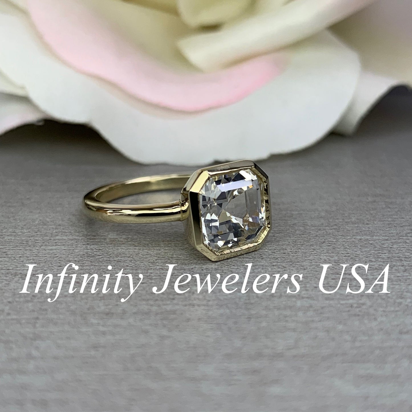 Certified Moissanite Ring, Asscher Cut Moissanite Engagement Ring, Bezel Set Solitaire Ring, Everyday Ring, 14k Gold Ladies Ring