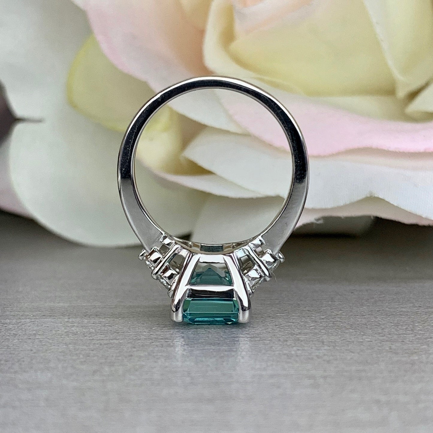 Paraiba Tourmaline Ring, Emerald Cut Engagement Ring 14K Gold, Three Stone Ring, Paraiba Ring For Ladies, Art Deco Paraiba Ring,   #6311