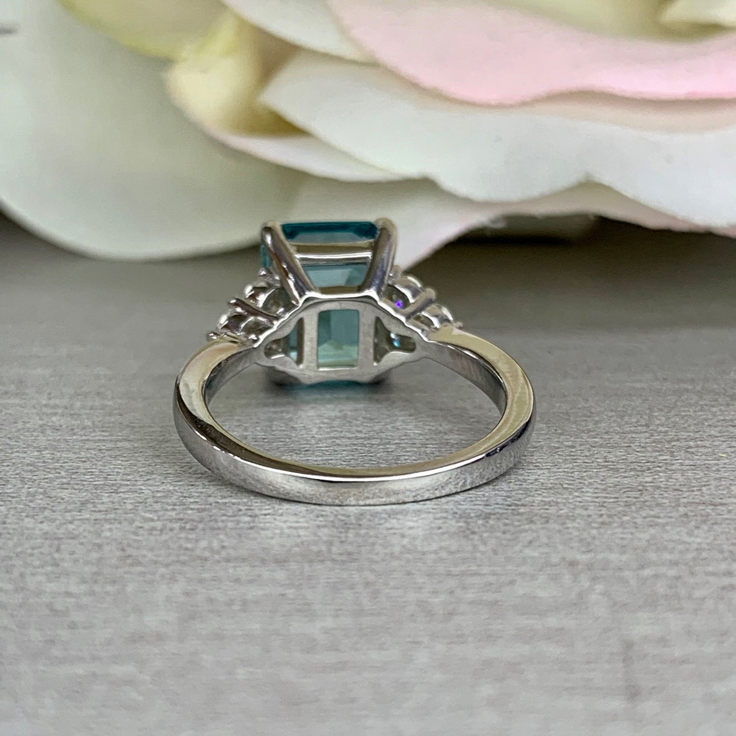Paraiba Tourmaline Ring, Emerald Cut Engagement Ring 14K Gold, Three Stone Ring, Paraiba Ring For Ladies, Art Deco Paraiba Ring,   #6311