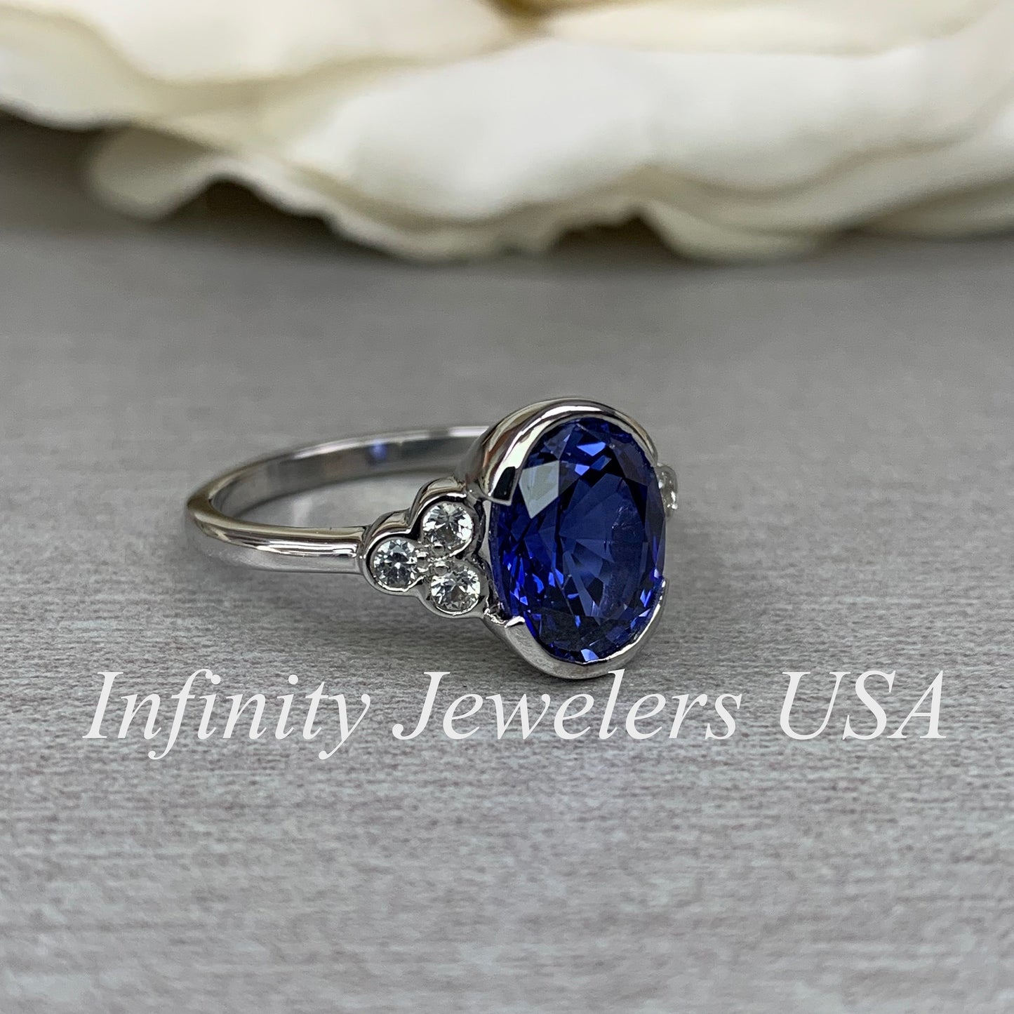 Bezel set blue sapphire engagement ring 14k solid gold Unique oval blue sapphire wedding promise anniversary ring September birthstone