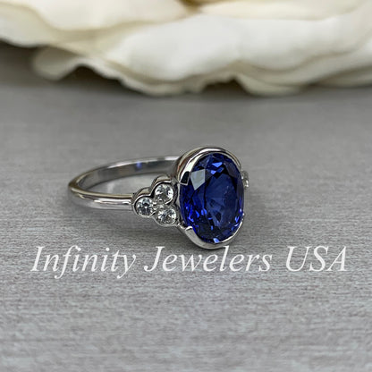 Bezel set blue sapphire engagement ring 14k solid gold Unique oval blue sapphire wedding promise anniversary ring September birthstone
