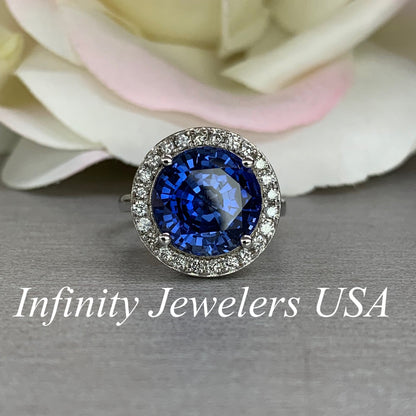 Round Blue Sapphire With Diamond Halo Engagement Ring,14k White Gold Blue Sapphire And Moissanite Halo Wedding Ring, Unique Ladies Ring 5945