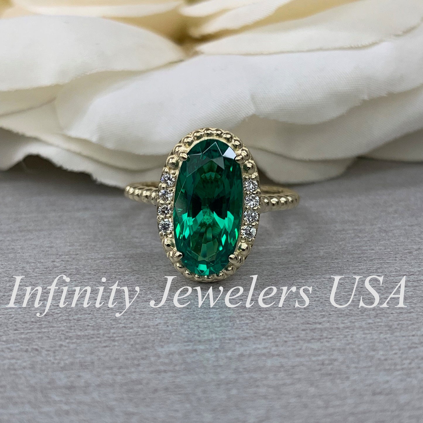 Elongated Oval Ladies Ring / Green Emerald Engagement Ring / Diamond And Emerald Wedding Ring / Anniversary Gift / 14k Yellow Gold / #6159
