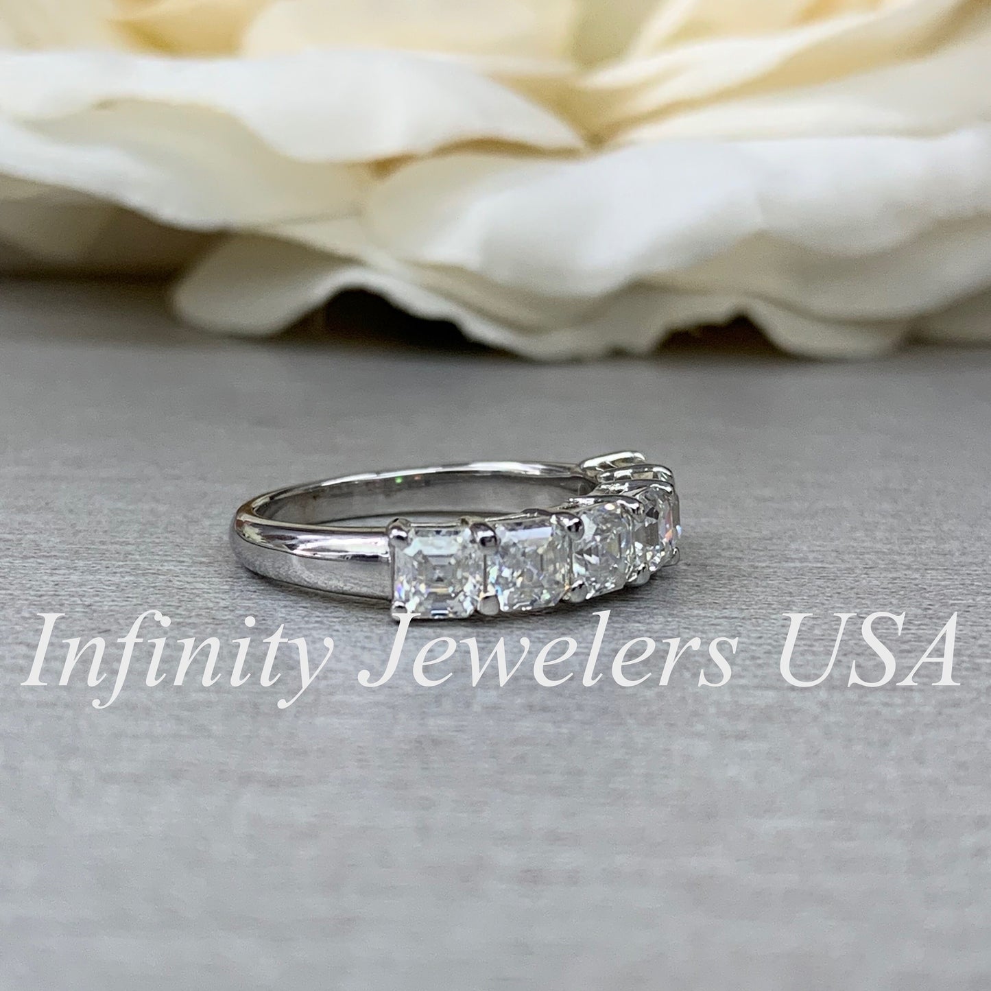 Moissanite Engagement Band / Asscher Cut Wedding Band / Six Stone Ladies Ring / Matching Band / 14k White Gold / #6208
