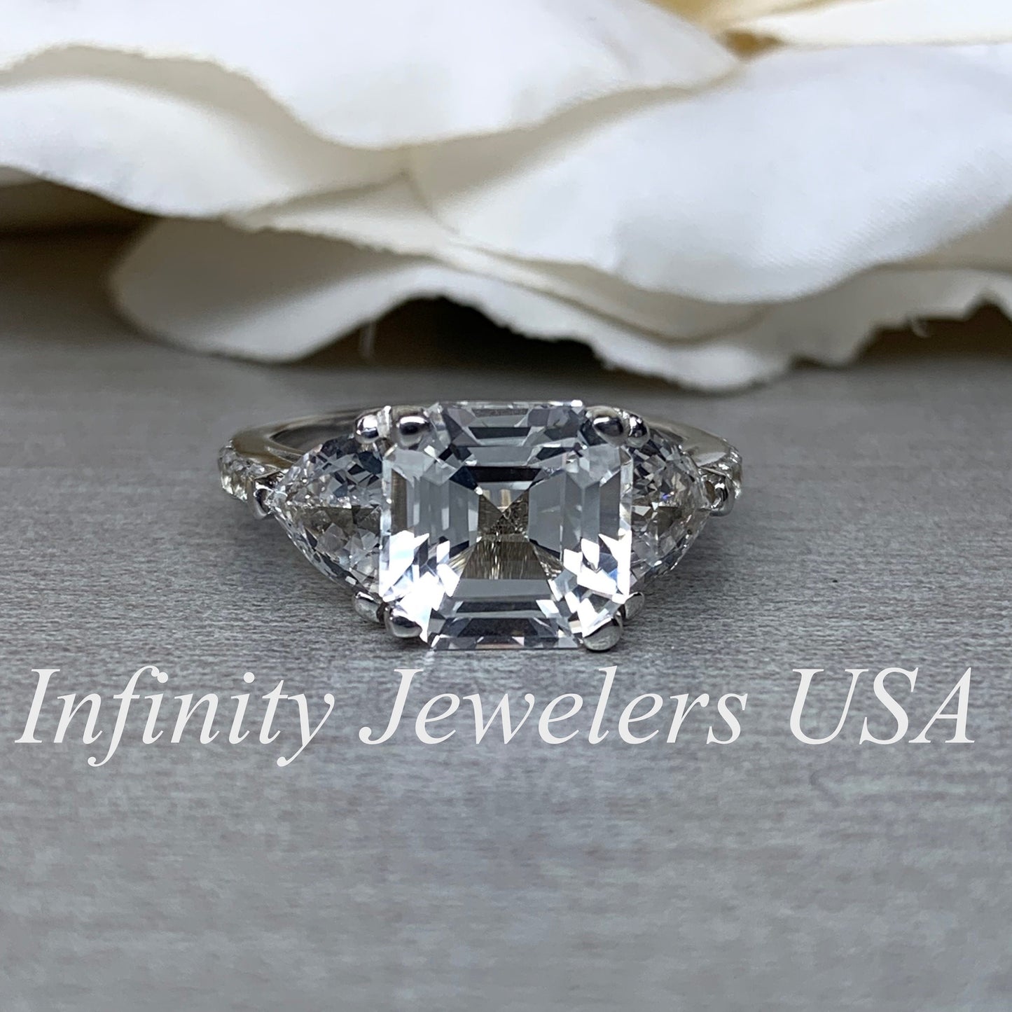 Moissanite Engagement Ring 14K Solid Gold, Asscher Cut Three Stone Moissanite Wedding Ring For Women, Unique Promise Anniversary Ring, #5414