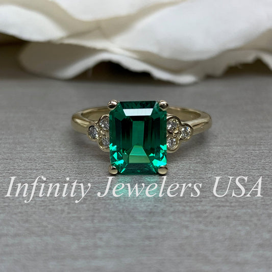 Emerald Cut Engagement Ring / Green Emerald Wedding Ring / Diamond Ladies Ring / 14k Yellow Gold / #6213