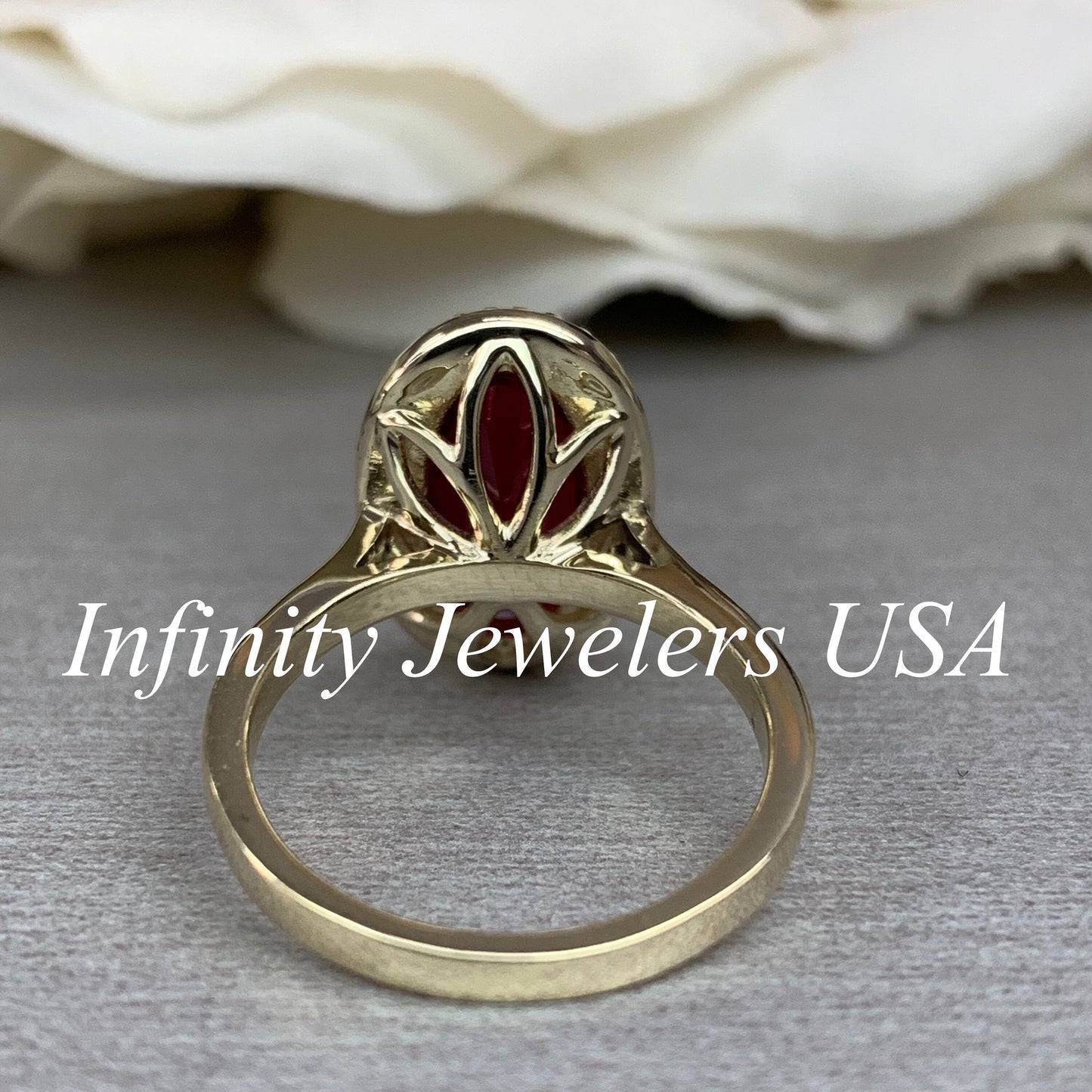 Elongated Oval Ladies Ring / Red Ruby Engagement Ring / Diamond And Ruby Wedding Ring / Anniversary Gift / 14k Yellow Gold / #6220