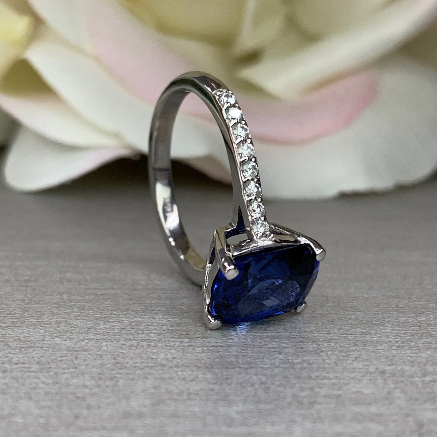 Elongated Cushion Cut Engagement Ring / Blue Sapphire Ring / Sapphire and Moissanite Ring / 14k White Gold / #6316