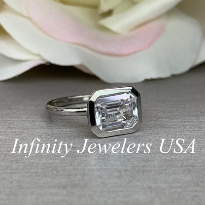 Emerald Cut Engagement Ring / Certified Moissanite Ring / East To West Bezel Set Ring / 14k White Gold / #6318
