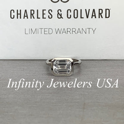 Emerald Cut Engagement Ring / Certified Moissanite Ring / East To West Bezel Set Ring / 14k White Gold / #6318