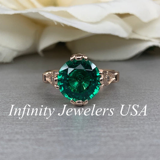 Round Emerald Engagement Ring Rose Gold Vintage Rose Gold Emerald Engagement Ring Unique Emerald Wedding Promise Anniversary Ring Women 6227
