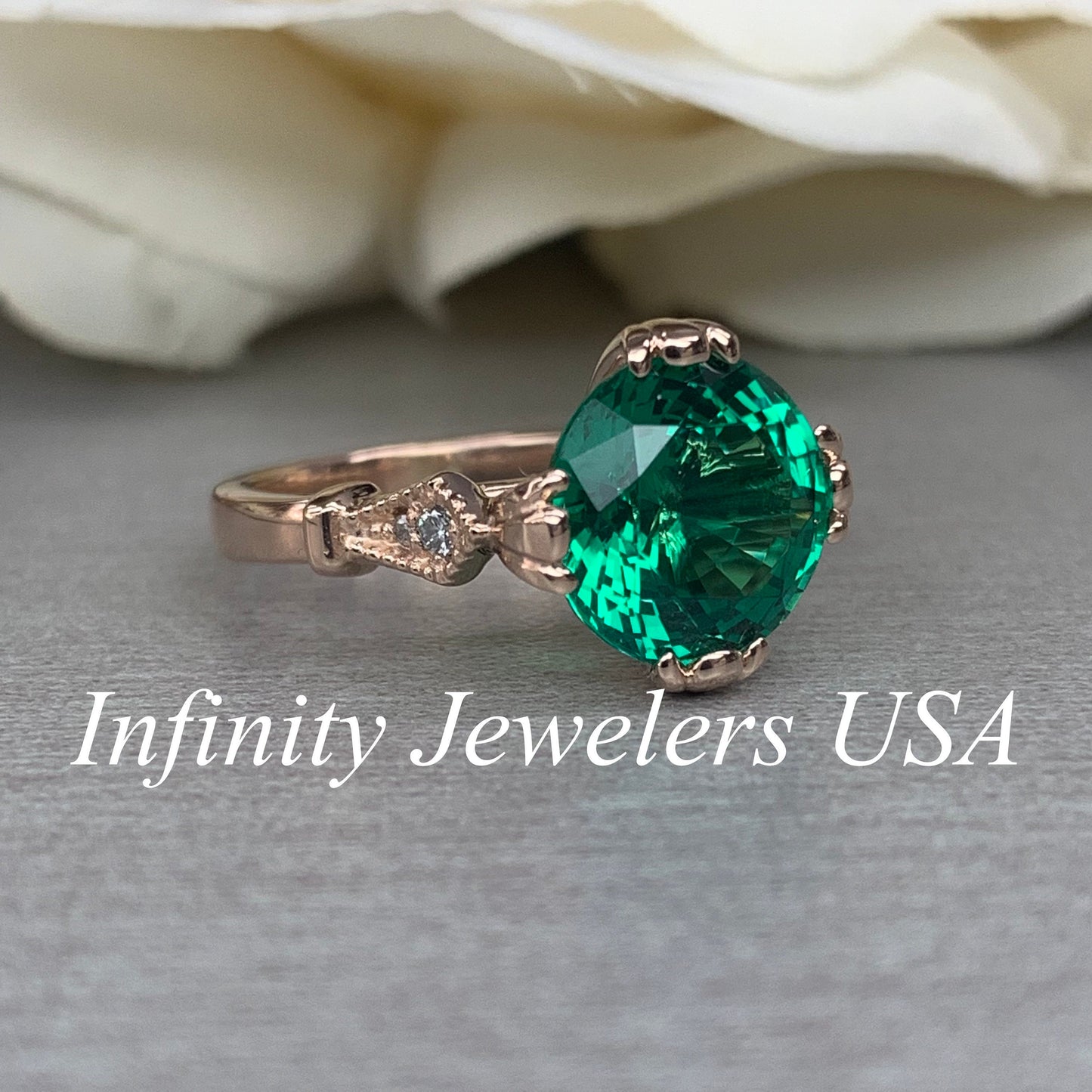 Round Emerald Engagement Ring Rose Gold Vintage Rose Gold Emerald Engagement Ring Unique Emerald Wedding Promise Anniversary Ring Women 6227