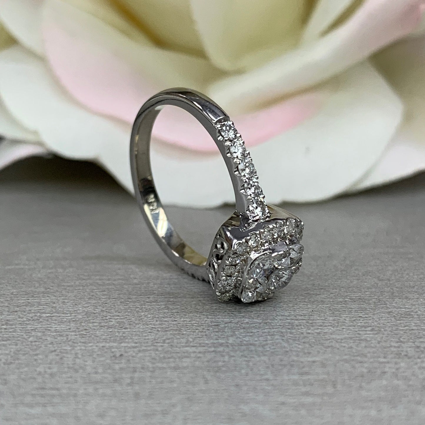 Round Diamonds Cushion Shape Ring / Diamond Halo Engagement Ring / 14k White Gold / #3895